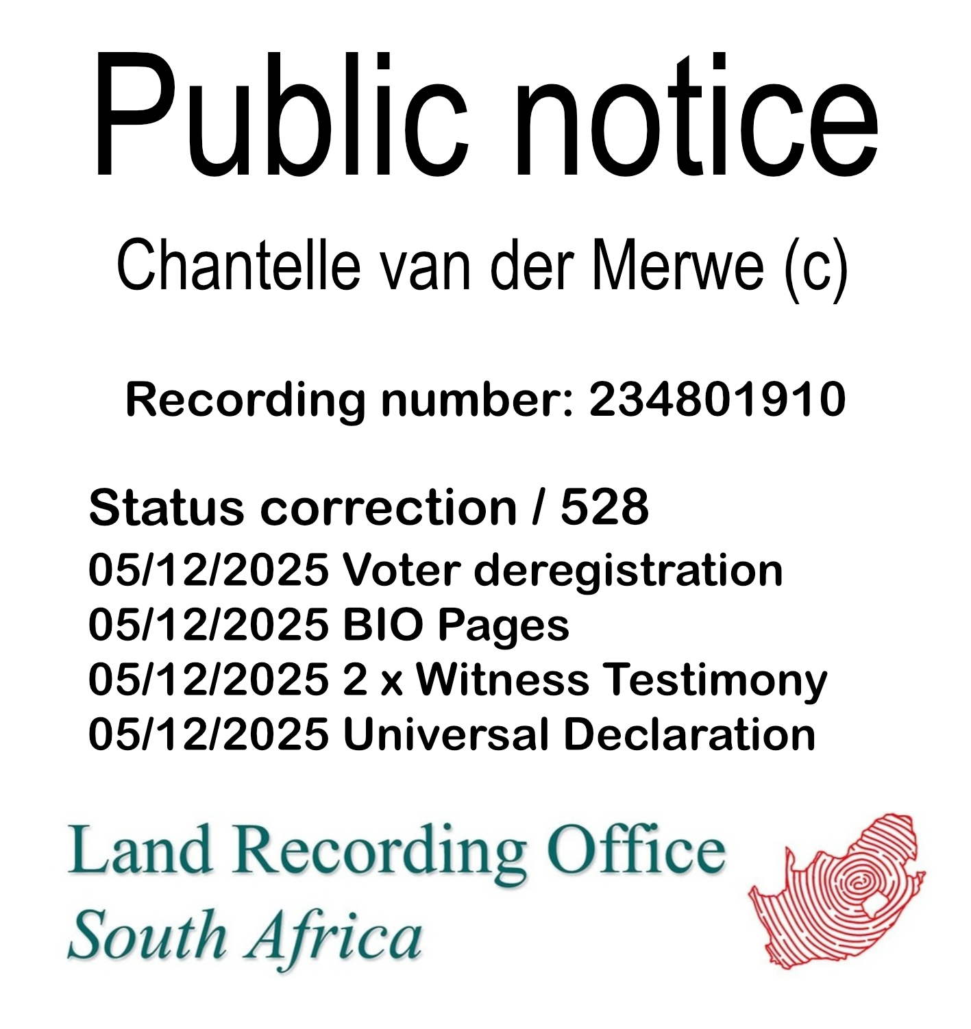 Public notice Chantelle van der Merwe Recording number 234801910